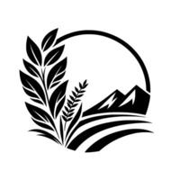 Monochromatic emblem featuring stylized plants, mountains, and agricultural fields enclosed within a circular frame, representing nature. vector