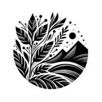 A circular minimalist graphic, featuring stylized leaves and berries cascading in front of mountains, sun and dots, all in black and white. vector
