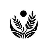 Abstract Black and White Emblem with WheatLike Foliage, Sun, and Arcing Lines, Minimalist vector