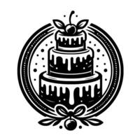 Monochromatic Black and White Illustration of a Layered Cake, Cherry Topping, and Ornate Circle Frame vector