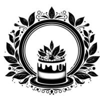 A monochromatic emblem of a tiered cake inside a circular ornate border, featuring leaves and berries, evoking elegance. vector