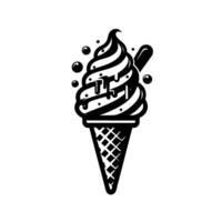 Bold Black and White Illustration of a Swirled SoftServe Ice Cream Cone with Chocolate Drizzle, Bubbles, and Wafer Cone, set against a white circle background. vector