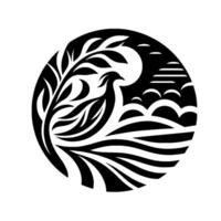 Intricate Black and White Circular Featuring a Bird, Tree, Hills, and Sunset Elements in a Simplified and Stylized Composition. vector