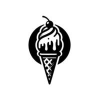 Minimalist Black and White Ice Cream Featuring a Cherry on a Drizzling Scoop Above a Waffle Cone. vector