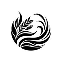 Stylized Black and White Circular Featuring Wheat, Leaves, and Flowing Lines, Creating a Harmonious Natural Design. vector