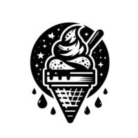 Black and white ice cream illustration with starstudded night sky background, melting drops, and geometric cone design. vector