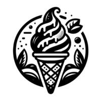 Artistic monochrome illustration of a swirling ice cream cone with decorative leaves, dots, and circular frame, exuding a clean, illustrative style. vector
