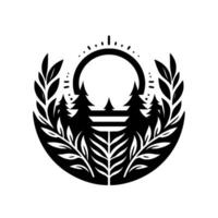 Black White Illustration Forest Scene inside a Circular Frame with Trees, Sun, Foliage, and Minimalist Aesthetic. vector