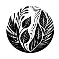 Stylized Black and White Floral Mandala intricate of leaves, feathers, and botanical elements arranged in a circle. vector