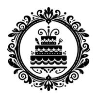Ornate Black and White Cake Within a Decorative Circular Frame, Featuring Three Tiers and Festive Embellishments. vector