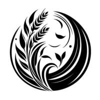 Stylized Black and White Wheat and Leaf Emblem, Circular Composition, Organic Design, Elegant Minimalist vector
