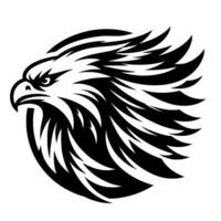 Powerful stylized black and white eagle head with sharp features and flowing feathers, set against a stark white background. vector