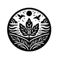 Symbolic black and white nature scene with stylized flora, fauna, sun, clouds, and detailed linear elements within a circular frame, evoking peace and balance. vector