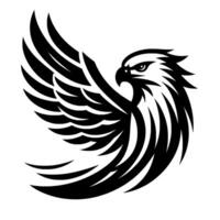Bold Black and White Silhouette of a Soaring Eagle in MidFlight with Feather Detail on a White Backdrop. vector