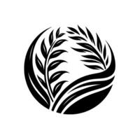 Symbolic Black and White Illustration of Botanical Elements, Leaves and Branches Enclosed Within Circular Frame. vector