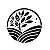 Circular Black White Design Silhouette of a tree growing from rolling fields with a minimalistic, elegant aesthetic. vector