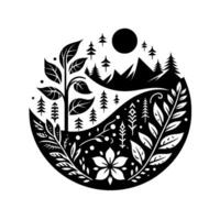Black and white stylized nature illustration depicting a circular landscape with a mountain range, trees, leaves, a moon, and floral elements. vector