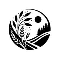 Abstract Black White Nature Circle Wheat, Forest, and Hills. A serene landscape illustration captured within a circular frame. vector