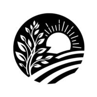 Black and white circular minimalist depicting a tree, sun, and fields, symbolizing growth and nature. vector