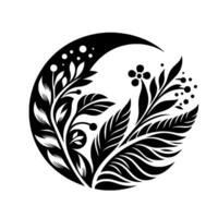 A black and white floral arranged within a crescent moon shape, featuring stylized leaves and flowers on a white background. vector