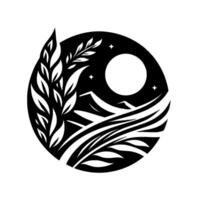 Monochrome YinYang style illustration A moonlit landscape featuring mountains, flowing water, and stylized foliage within a circular frame. vector