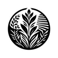 A minimalist black and white botanical artwork featuring a variety of stylized leaves and plants arranged within a circular frame, evoking nature and design. vector