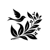 A stylized black and white illustration of a bird in flight next to a decorative leaf branch, berries, and a clean white background. vector