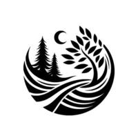 Minimalist black and white circular depicts a night forest with trees, a crescent moon, and stylized water. vector