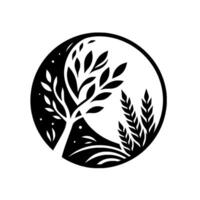 Yin Yang Inspired Monochrome Nature Design A stylized tree, wheat, and foliage within a circular frame symbolize balance. vector
