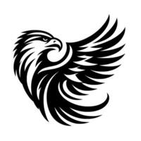 Striking black and white art of an eagle in flight with stylized wings and a fierce gaze, set against a stark white backdrop, showcasing power. vector