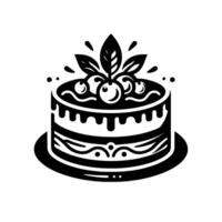 Black and White of a Layered Cake Decorated with Berries and Leaves, on a Round Plate, Minimalist Illustration. vector