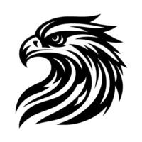 A bold, illustration of an eagles head in black and white, showcasing sharp lines, stylized feathers, and a piercing gaze against a stark, plain background. vector