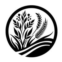 Black and White Circular Emblem Stylized wheat, grasses, and berries, portraying natures bounty. vector