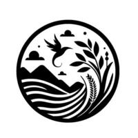 Silhouette landscape emblem featuring a bird in flight above rolling fields, mountains, clouds, and foliage, enclosed within a circular frame. vector