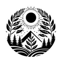 Black and white minimalist nature emblem sun, mountains, trees, and foliage within a circular frame, simple design. vector
