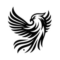 A stylized black and white of a bird of prey in flight, showcasing dynamic lines and bold curves against a clean white background. vector