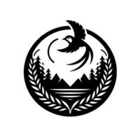 Silhouette of a bird in flight above a tranquil lake and forested mountain range, encased within a circular laurel wreath, evoking peace and nature. vector