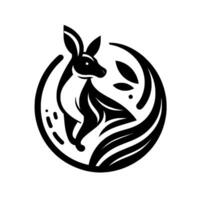 Stylized, Monochrome Kangaroo in a Circular Emblem with Leaf Accents and Dots, Illustrating a Modern, Minimalist Concept. vector