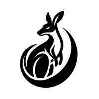 A stylized black and white kangaroo illustration, encircled by a crescent shape, rendered in bold, minimalist lines against a white background. vector