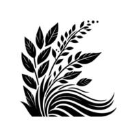 Black and white minimalist floral illustration, featuring stylized leaves and flowing grass, on a plain white background, presenting a concept. vector