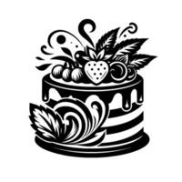 Intricate black and white illustration of a layered cake with dripping chocolate, adorned with a strawberry, cherries, and foliage. vector