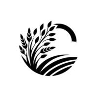 Monochromatic circular emblem featuring stylized crops, field lines, and a gradient arc, evoking agriculture and nature. vector