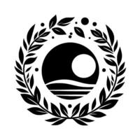 Black and white minimalist with a central circle containing landscape elements and a second circle, framed by a laurel wreath and scattered dots. vector