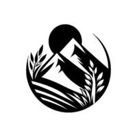 A stylized black and white circular depicts a mountain range beneath a sun, encompassed by foliage. vector