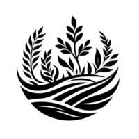 A stylized black and white circular emblem featuring wheat and other crops rising from a segmented field, evoking natural growth. vector