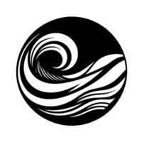 Abstract monochrome of stylized ocean waves forming a swirl within a circular black background. vector