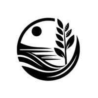 Minimalist Black and White Emblem Circle framing a farm landscape with sun, fields, and wheat, symbolizing growth and agriculture. vector