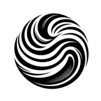 Abstract, swirling sphere of black and white curved lines, creating a dynamic, rhythmic pattern against a stark, minimalist background. vector