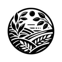 Black and white circular minimalist landscape with stylized fields, plants, sun, and horizon. vector