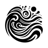 Abstract, symmetrical black and white of swirling waves and stylized water elements, presented in a circular composition. vector